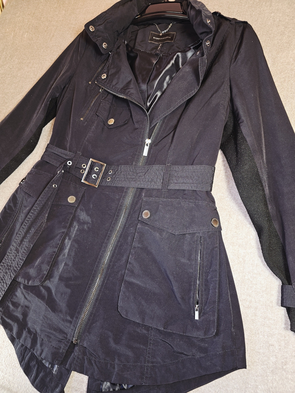 BCBGMaxAzria Women's Black Belted Trench Coat with Hideaway Hood Large